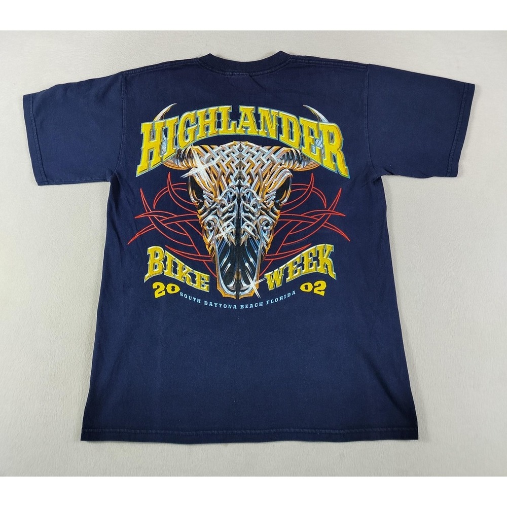 Vintage Gildan Highlander Bike Week Shirt Mens Medium Blue Pocket Biker Tee 2002